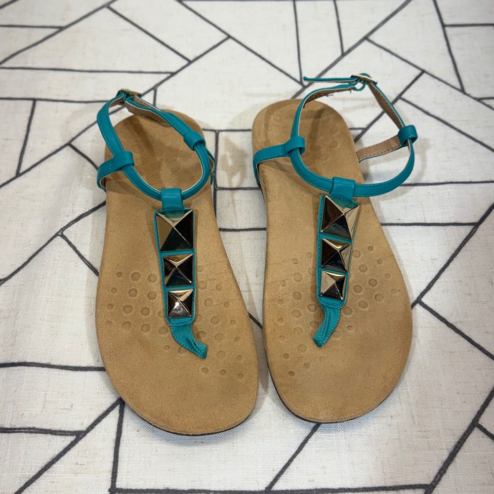 Vionic Sandals Size 8 Teal Leather Gold Studded Orthotic T-Strap Ankle Strap - Picture 5 of 9